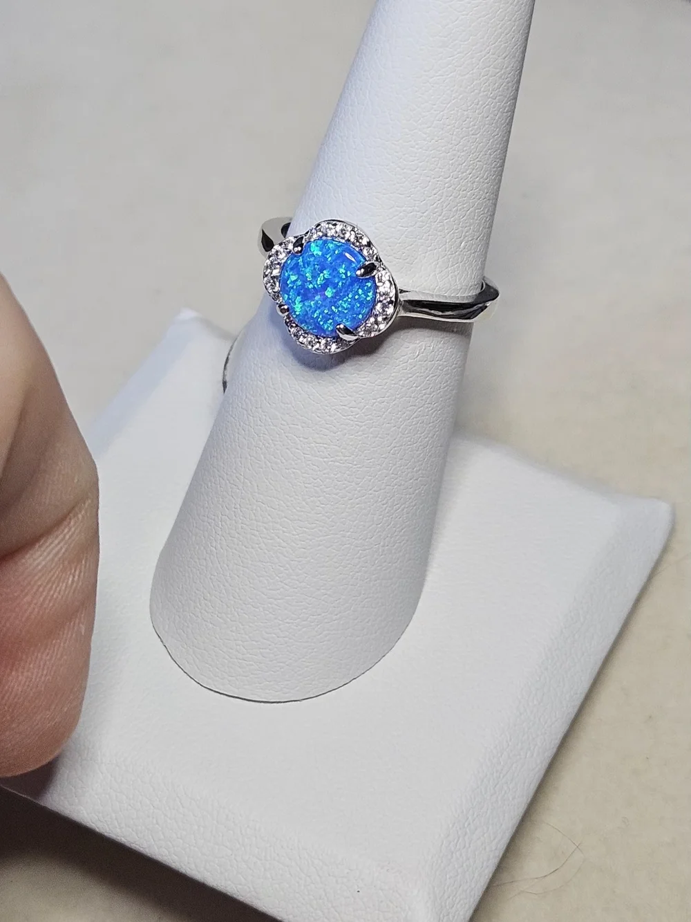 Blue Opal Halo Ring with Cubic Zirconia Accent - 925 Sterling Silver